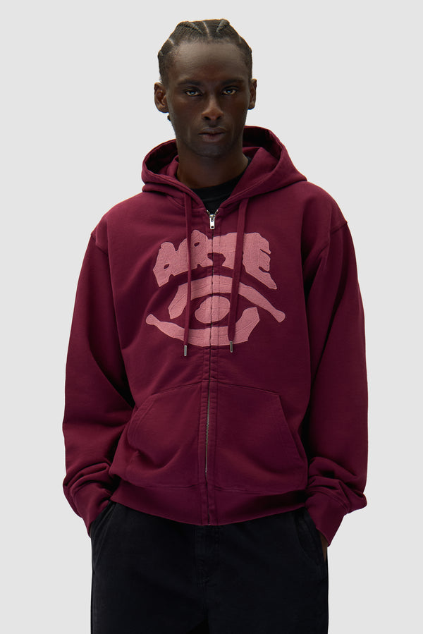 Eye Front Zip Hoodie in Bordeaux worn by a model, half-body front view