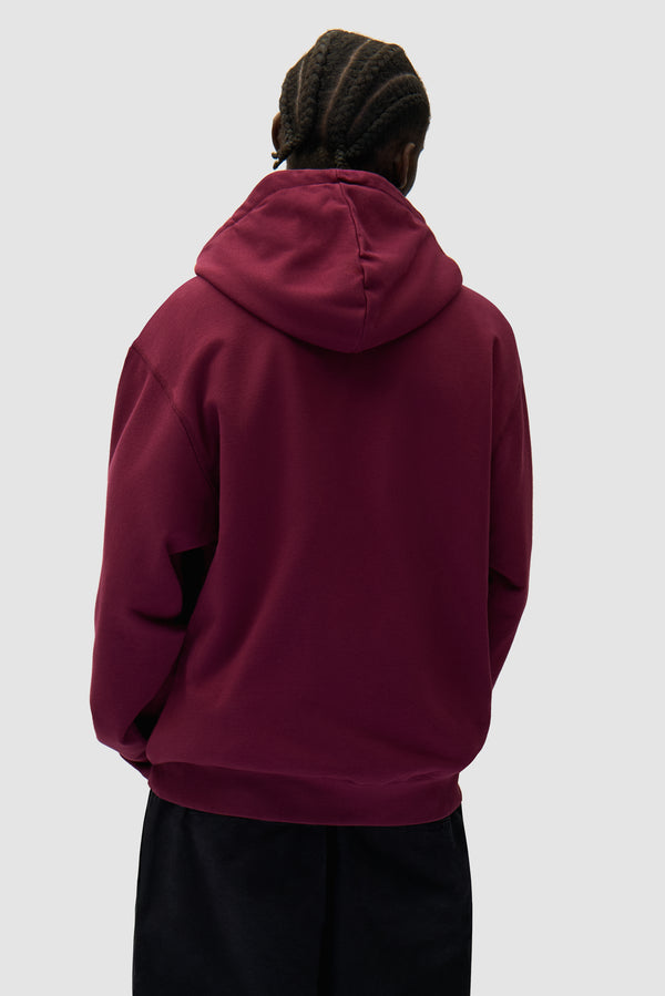 Eye Front Zip Hoodie in Bordeaux worn by a model, half-body back view