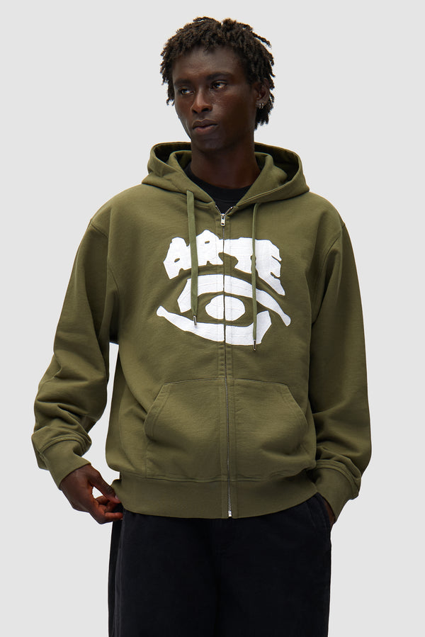 Eye Front Zip Hoodie in Green worn by a model, half-body front view
