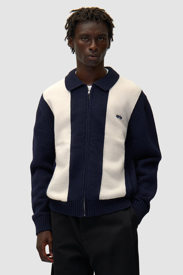 Cardigan in Blue/White worn by a model, half-body front view