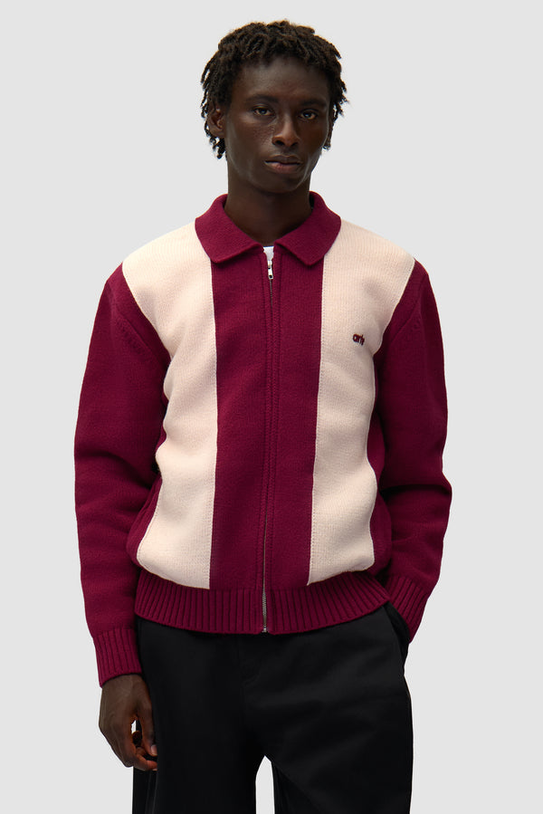 Cardigan in Bordeaux/Cream worn by a model, half-body front view