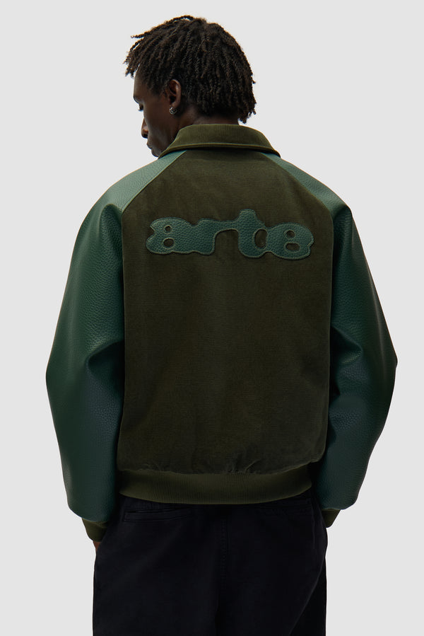 Varsity Jacket in Green worn by a model, half-body back view