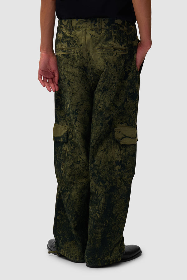 All Over Paint Cargo in Green worn by a model, half-body back view