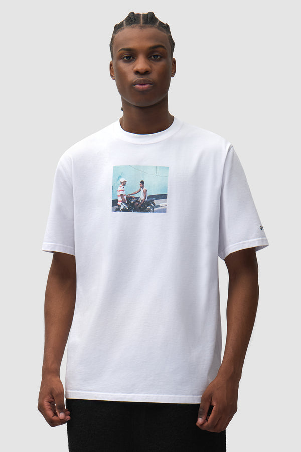 Mohamed Bourouissa T-shirt in White worn by a model, half-body front view