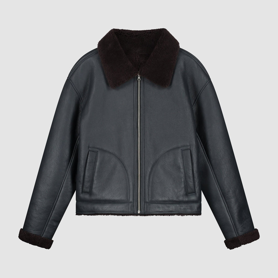 Shearling Leather Jacket - Navy