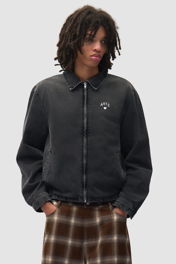 Washed Denim Classic Jacket in Black worn by a model, half-body front view