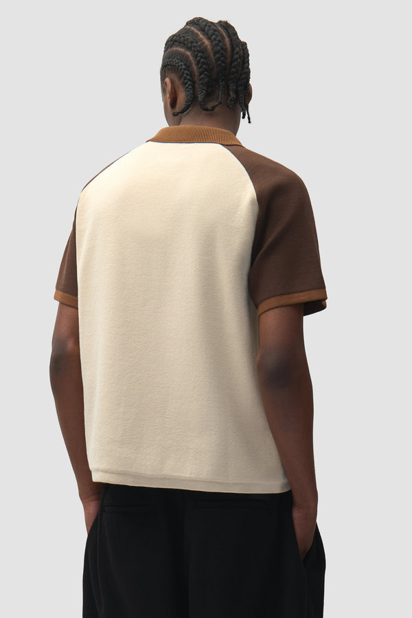 Knit Polo in Brown/Cream worn by a model, half-body back view