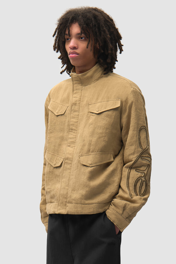 Swirl Utility Jacket in Brown worn by a model, half-body front view