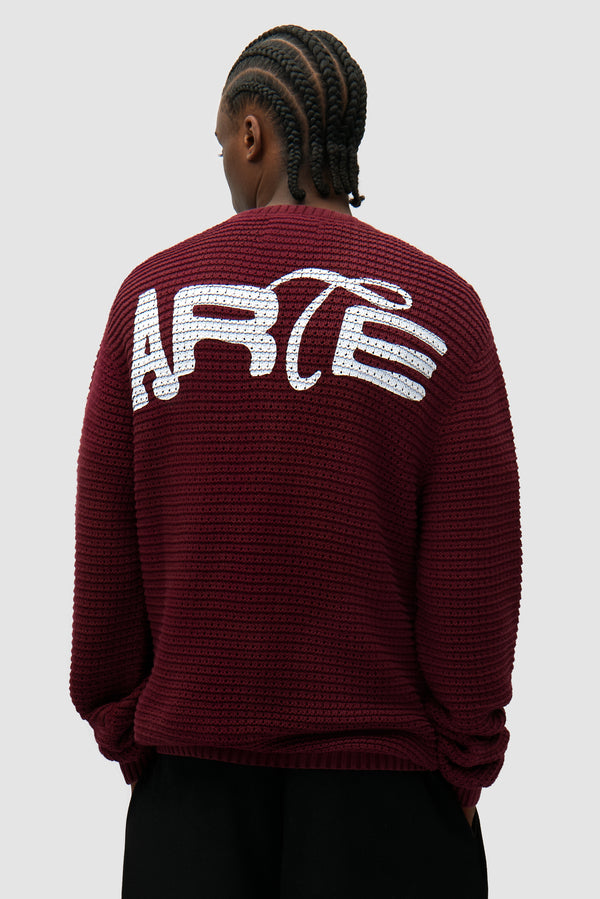 Polyform Sunfade Knit in Bordeaux worn by a model, half-body front view