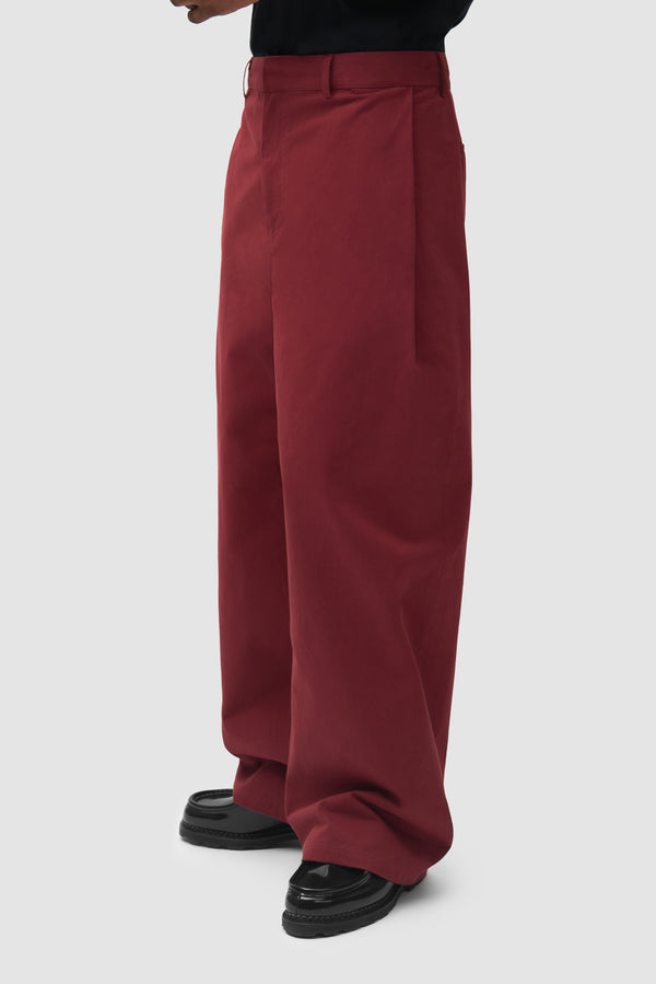 Pleated Gallery Pants in Bordeaux worn by a model, half-body back view