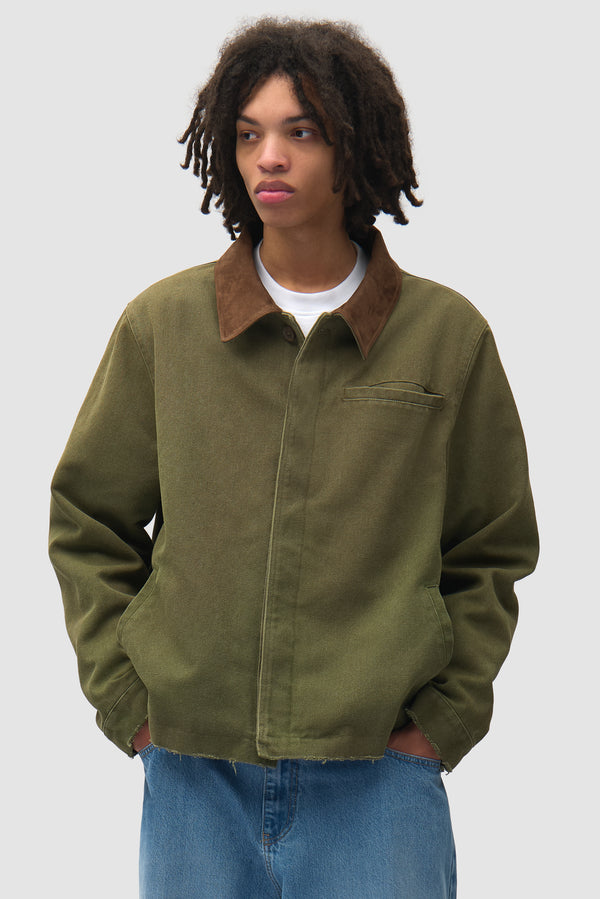 Dusty Artisan Jacket in Green worn by a model, half-body front view