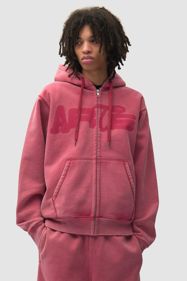 Stencil Sunfade Zip Hoodie in Red worn by a model, half-body front view