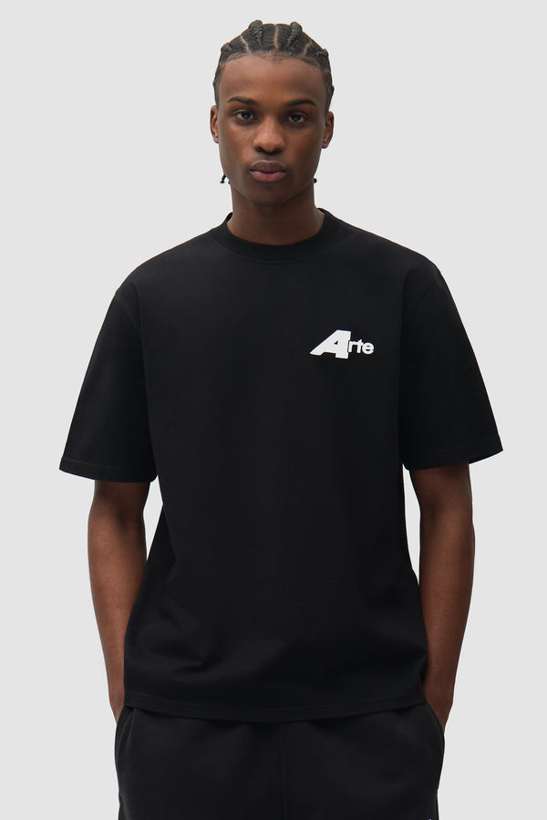 Big A T-shirt in Black worn by a model, half-body front view