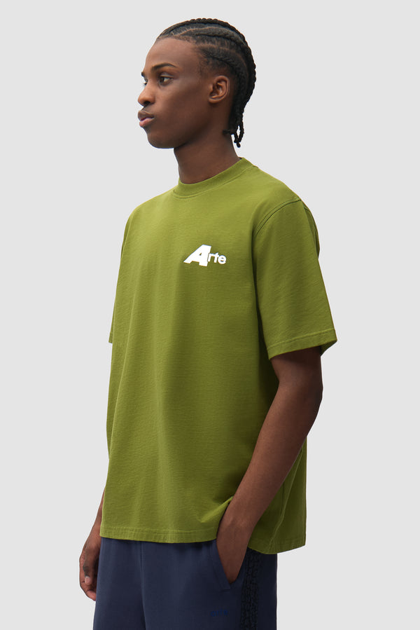 Big A T-shirt in Green worn by a model, half-body front view