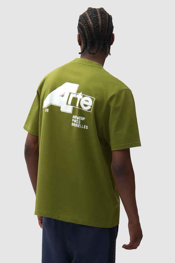 Big A T-shirt in Green worn by a model, half-body back view