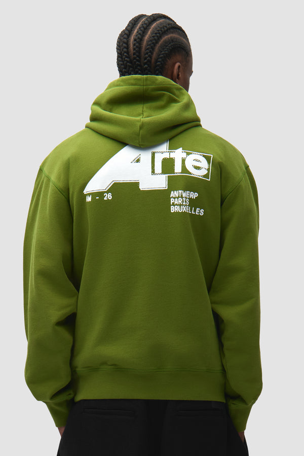 City Hoodie in Green worn by a model, half-body back view