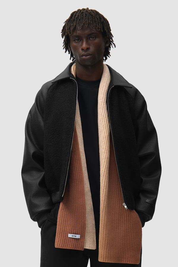 Sunfade Scarf in Brown worn by a model, half-body front view