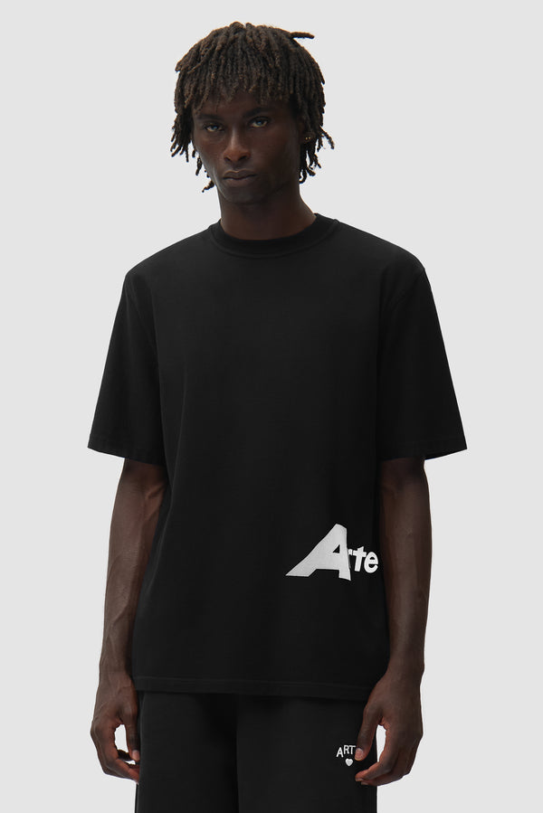 Big A Side T-Shirt in Black worn by a model, half-body front view