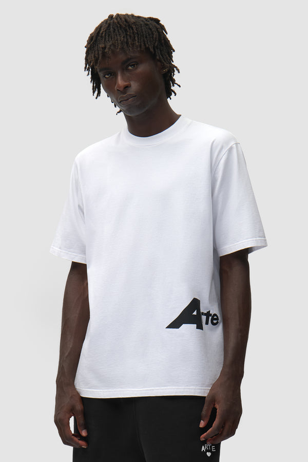 Big A Side T-Shirt in White worn by a model, half-body front view