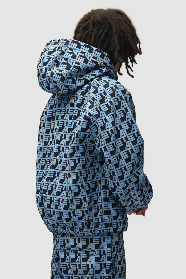 Allover Square Denim Jacket in Denim worn by a model, half-body back view