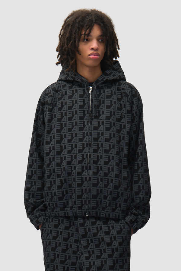 Allover Square Denim Jacket in Black Denim worn by a model, half-body front view