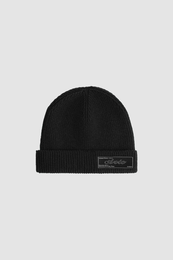 Woven Label Beanie in Black, front view
