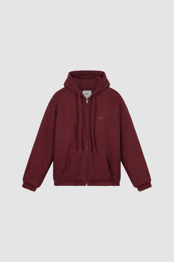 Boiled Wool Hooded Jacket in Bordeaux, Front view
