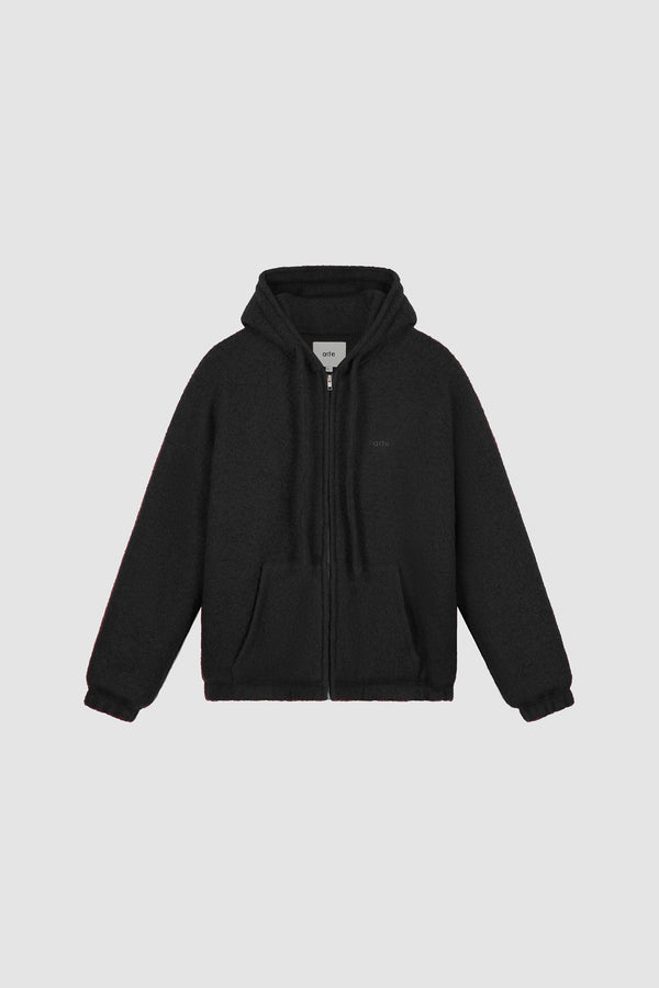 Boiled Wool Hooded Jacket in Black, Front view