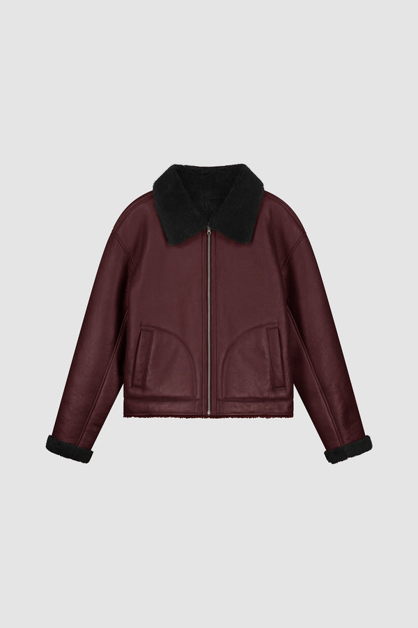 Shearling Leather Jacket in Bordeaux, Front view