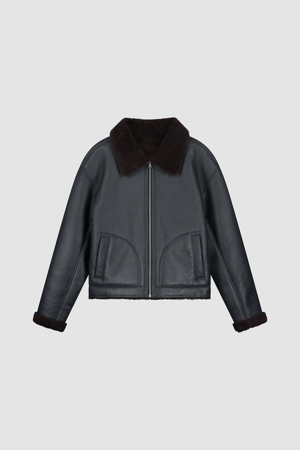 Shearling Leather Jacket in Navy, Front view