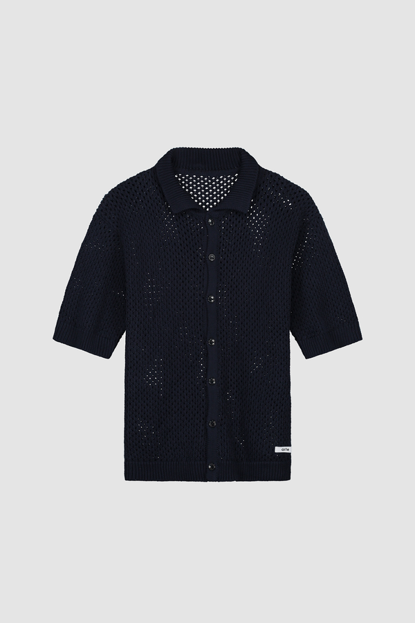 Crochet Knit Button Shirt in Navy, front view