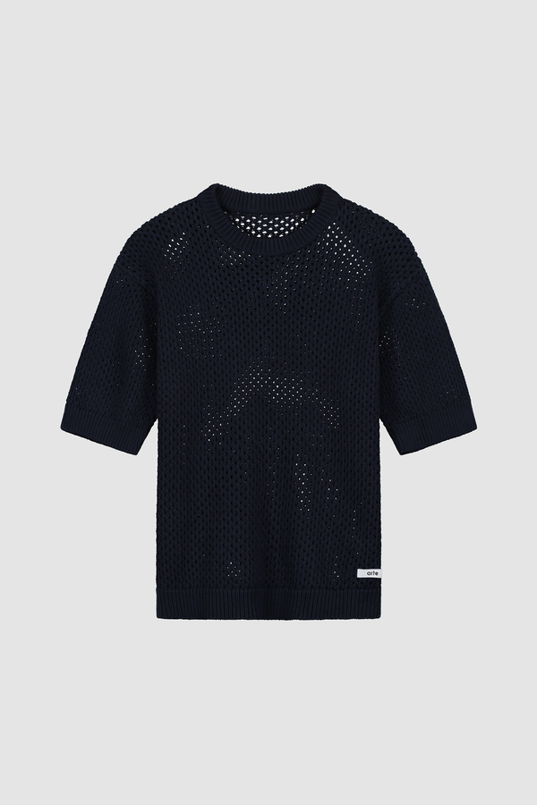Crochet Knit T-shirt in Navy, front view