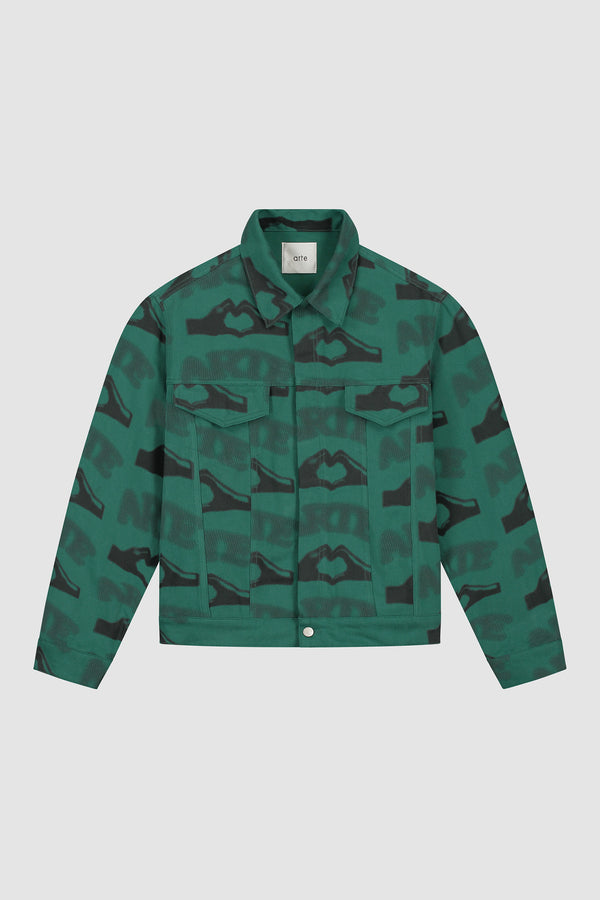 Heart Printed Jacket in Green, front view