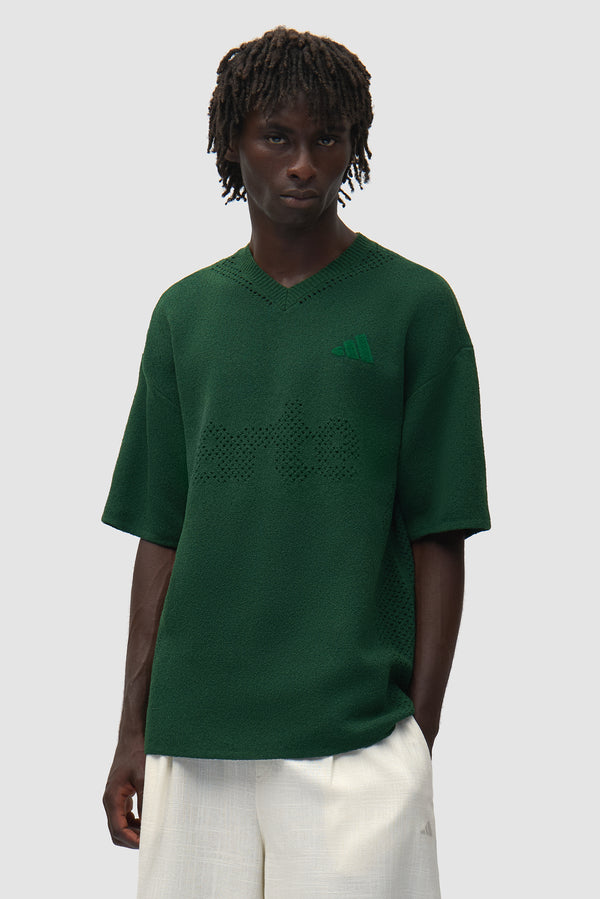 Arte for adidas Knit Jersey in Green worn by a model, full-body front view