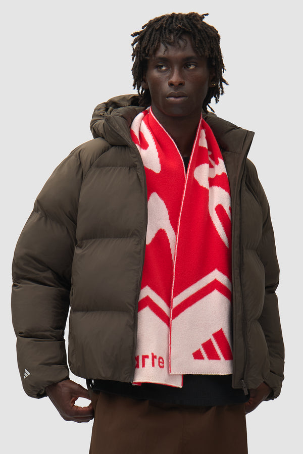 Arte for adidas Scarf - Lush Red worn by a model, half-body front view