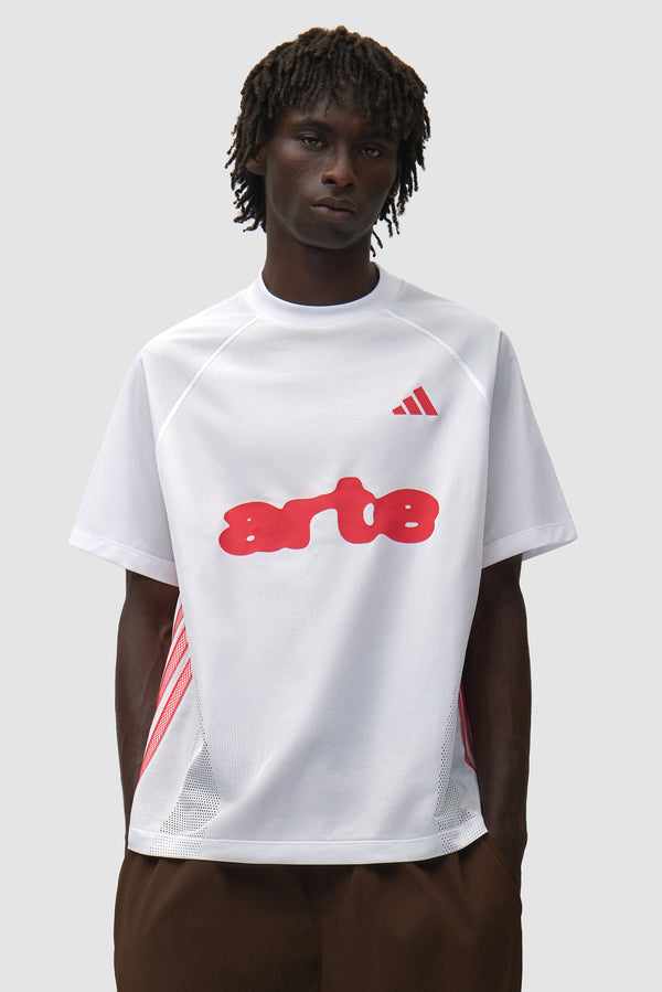 Arte for adidas Double Layer Jersey in White/Black worn by a model, half-body front view
