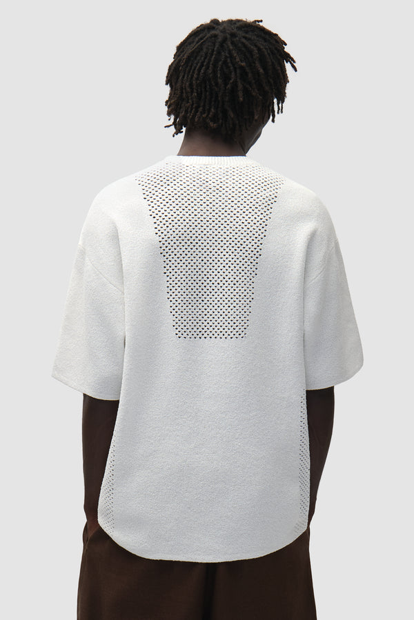 Arte for adidas Knit Jersey in Off White worn by a model, half-body back view
