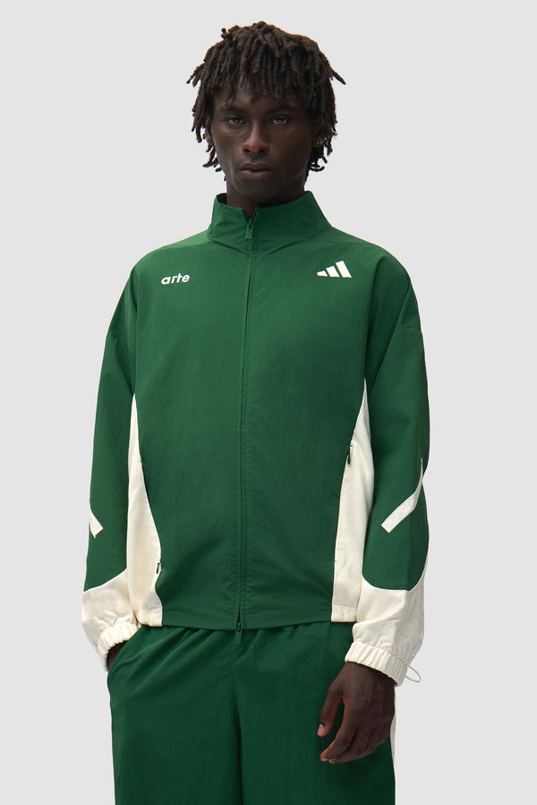 Arte for adidas Z.N.E. track top in Green/Cream worn by a model, half-body front view