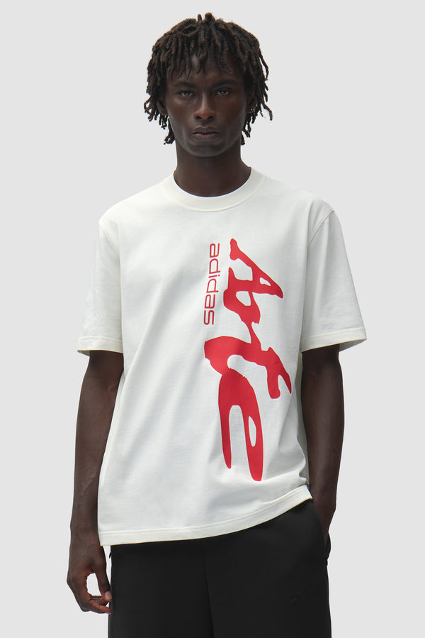 Arte for adidas T-shirt in Off White worn by a model, half-body front view