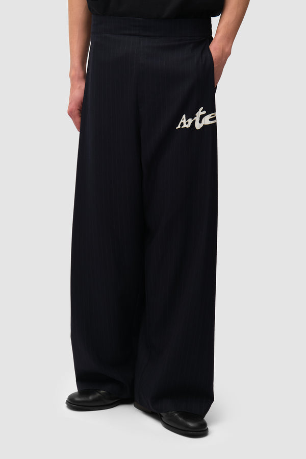 Pinstripe Tracksuit Pants in Black worn by a model, half-body front view