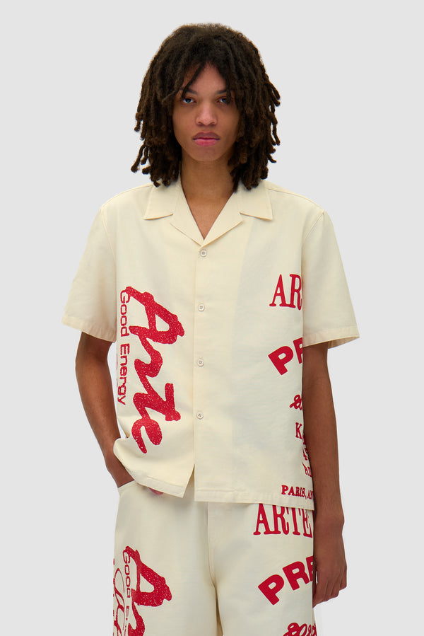 Red Print Shirt in Cream worn by a model, half-body front view