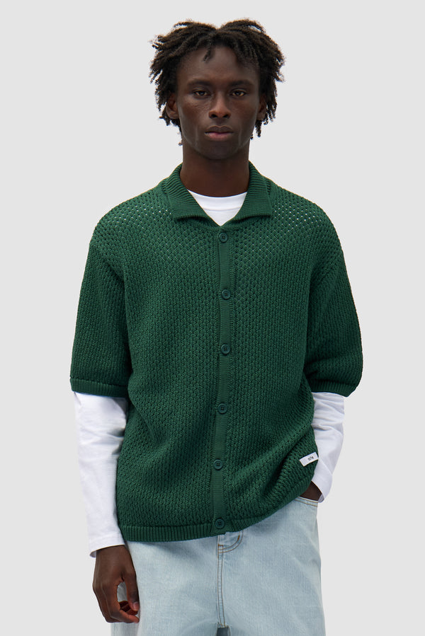 Crochet Knit Button Shirt in Green worn by a model, half-body front view