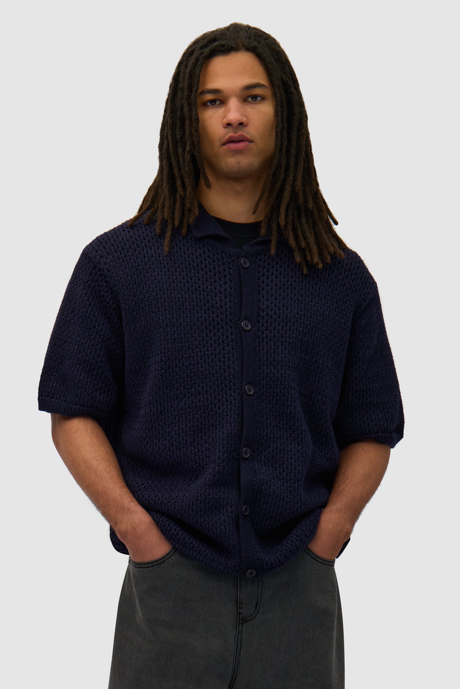 Crochet Knit Button Shirt - Navy