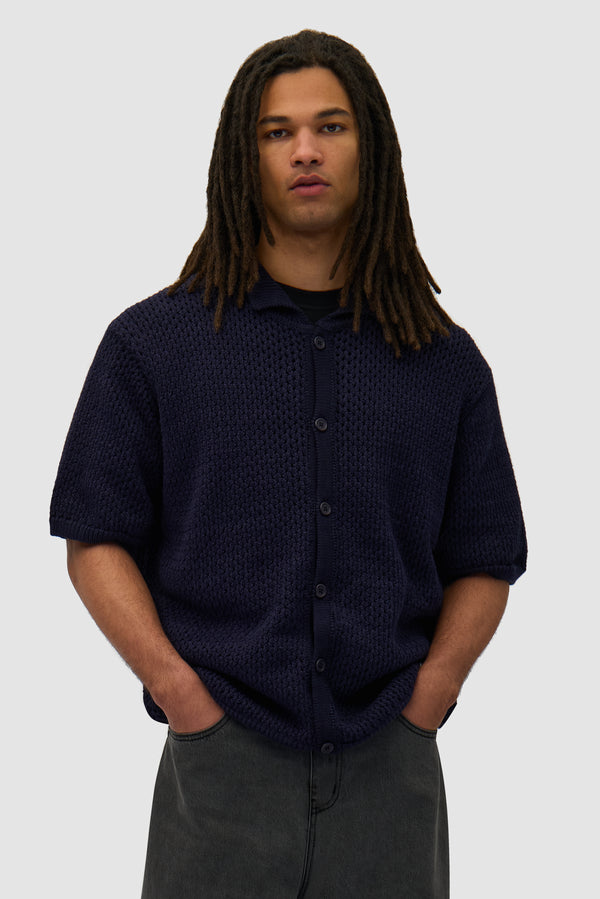 Crochet Knit Button Shirt in Navy worn by a model, half-body front view