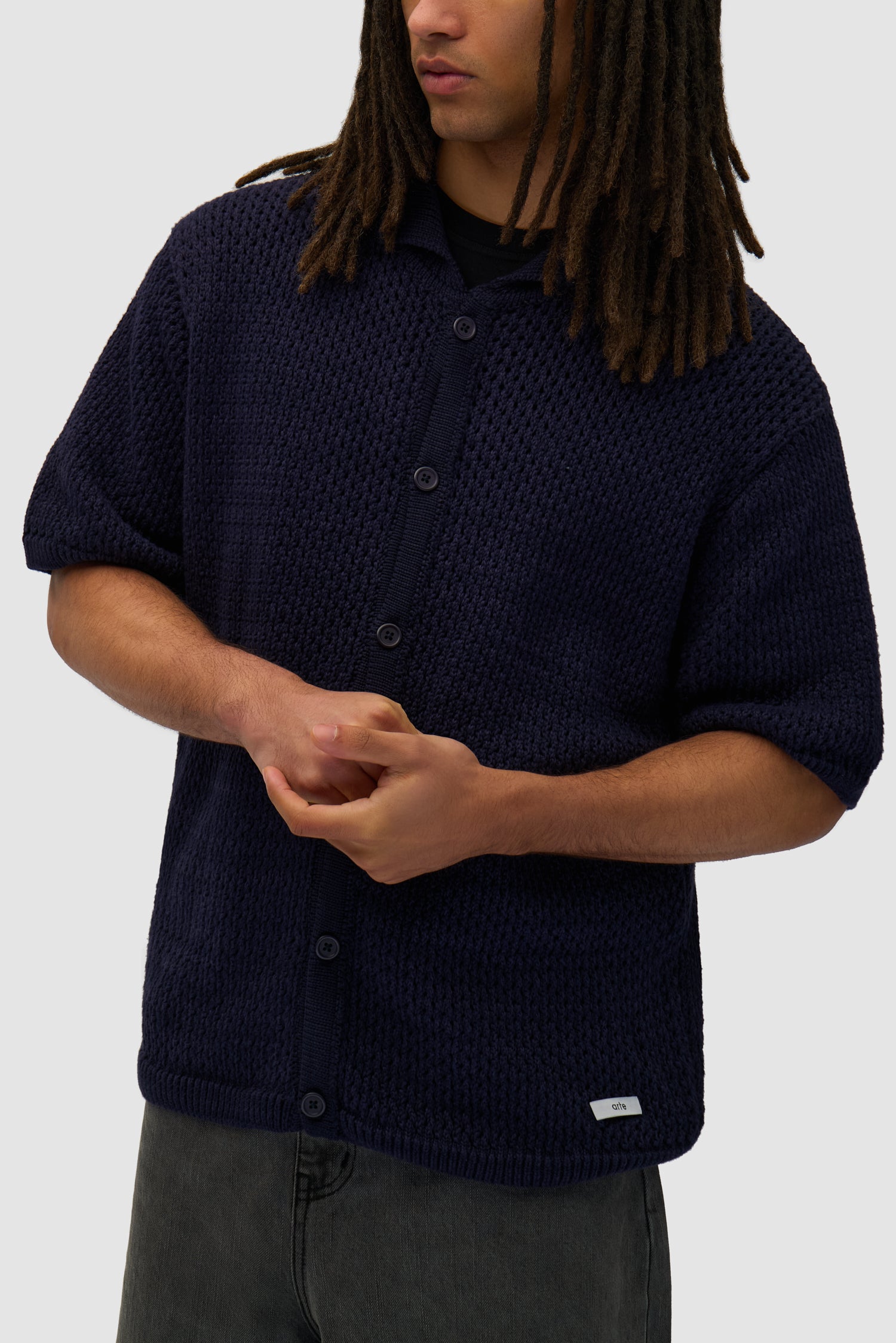 Crochet Knit Button Shirt - Navy