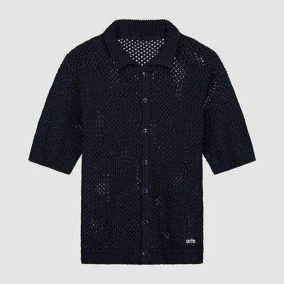 Chemise à boutons en tricot crocheté - Marine