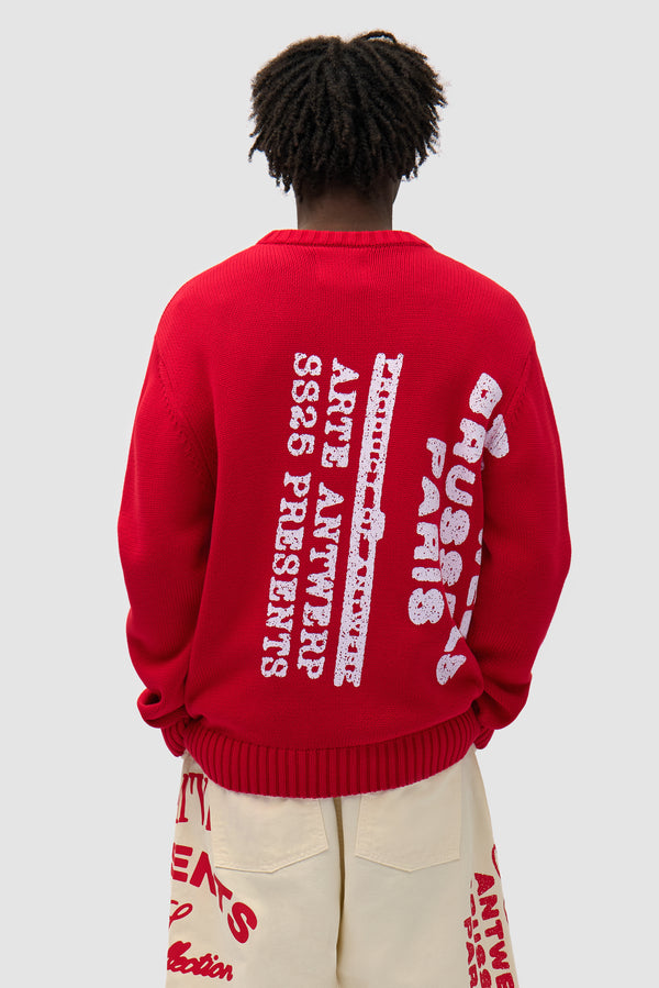 Big Print Knit Sweater in Red worn by a model, half-body back view