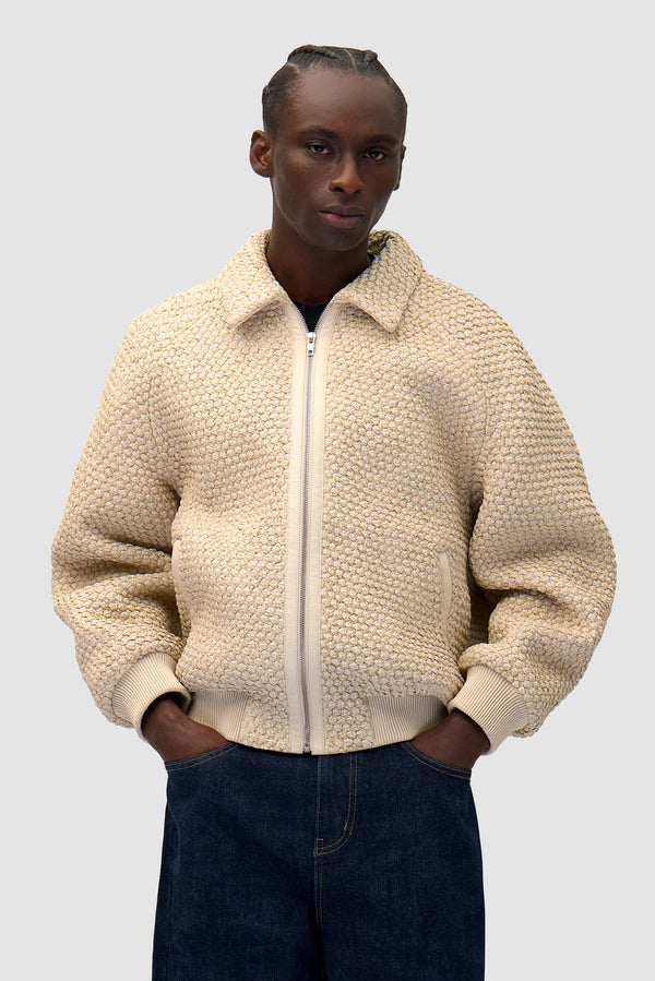 Leather Braided Jacket in Cream worn by a model, half-body front view