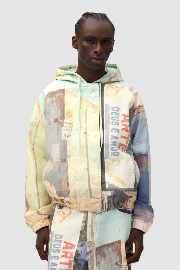 Photo Allover Jacket in Photos Print worn by a model, half-body front view
