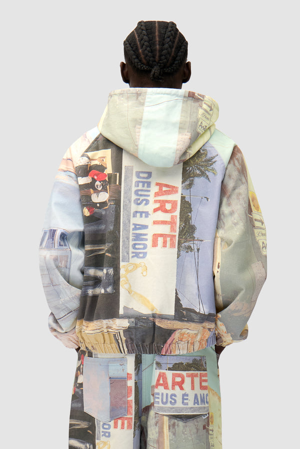Photo Allover Jacket in Photos Print worn by a model, half-body back view